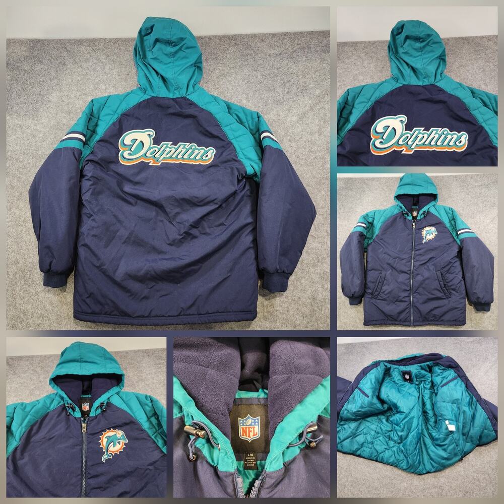 Miami Dolphins Jacket Mens Large Blue Green NFL Football Hooded Quilted Lined